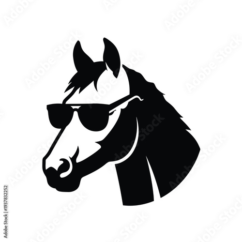 Black horse head wearing sunglasses on white background