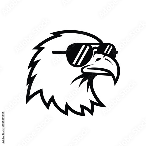 Black and white eagle head wearing sunglasses on white background