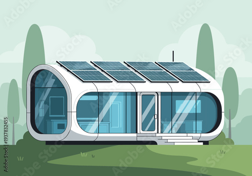 Modern futuristic home with solar panels on the roof, surrounded by lush greenery in a serene landscape viewed from the side