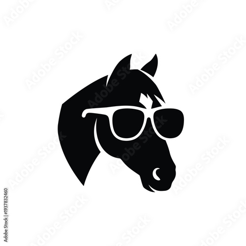 Black horse head with sunglasses on white background
