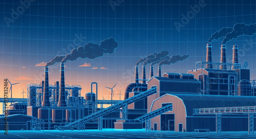 Industrial factory complex with smokestacks emitting smoke against a blue grid background.