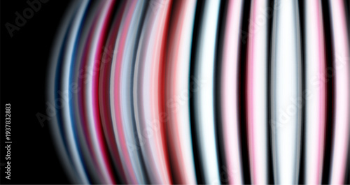 Abstract lines create blurred, colorful arc. Bright shades contrast dark background. Dynamic composition suggests movement, energy.