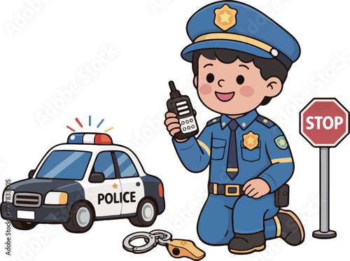 Kid police officer role play cartoon illustration