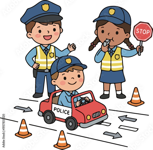 Kid police officer role play cartoon illustration