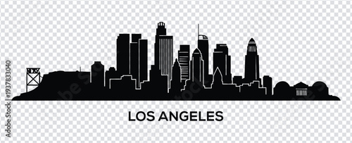 Los angeles city skyline silhouette with iconic buildings and text