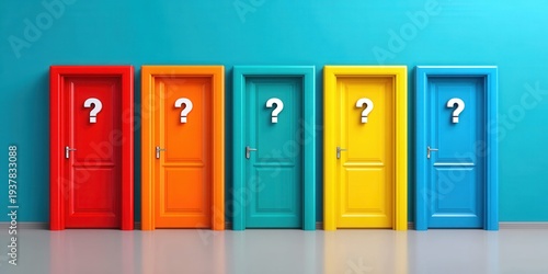 Five colorful doors with question marks, representing choices and uncertainty