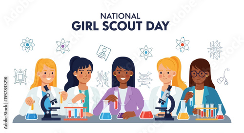 Illustration of diverse girls in lab coats engaging in a science experiment on National Girl Scout Day with various test tubes and equipment.