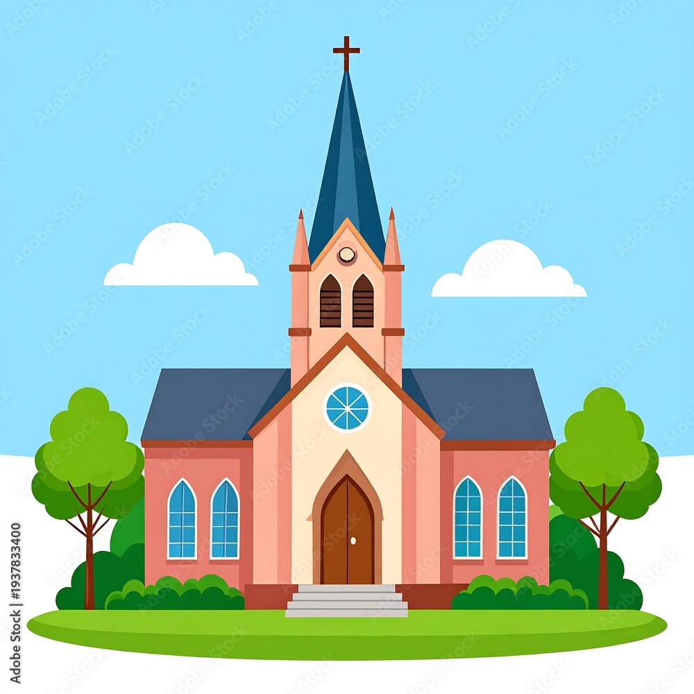 Naklejka premium Cartoon illustration of a church with a cross, trees, and blue sky