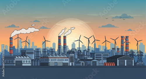 Industrial landscape with wind turbines and smokestacks at sunset.