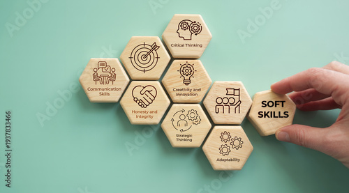 Photos Wooden blocks with icons of communication, critical thinking, adaptability, and integrity