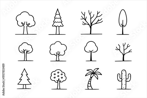 Diverse line art tree icons a collection of minimalist botanical illustrations