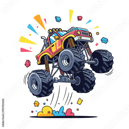 A colorful monster truck vector illustration jumping with vibrant geometric shapes around it on a white background. Great for posters, children's books, and automotive advertisements.