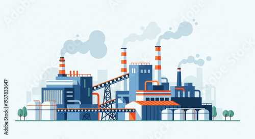 Modern industrial factory complex with smoking chimneys and storage tanks.