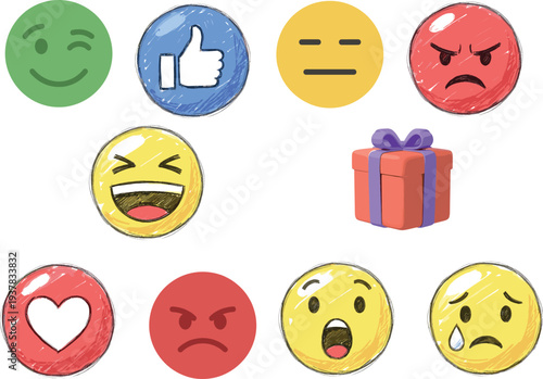 Hand drawn emoji reaction icon set with like heart angry laughing sad neutral wink gift sketch style social media expressions