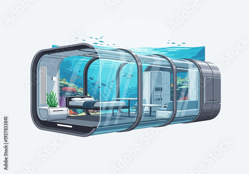 Futuristic underwater habitat modules with transparent walls revealing interior office spaces and lush greenery inside, viewed from outside.