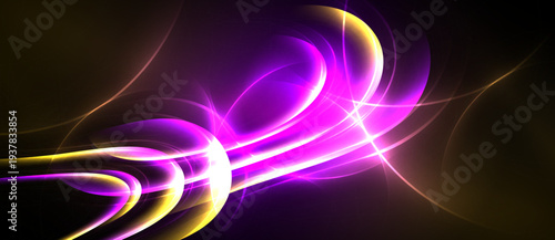 Abstract energy flows, vibrant purple, gold hues. Dynamic curves create luminous patterns against dark background. Modern design.