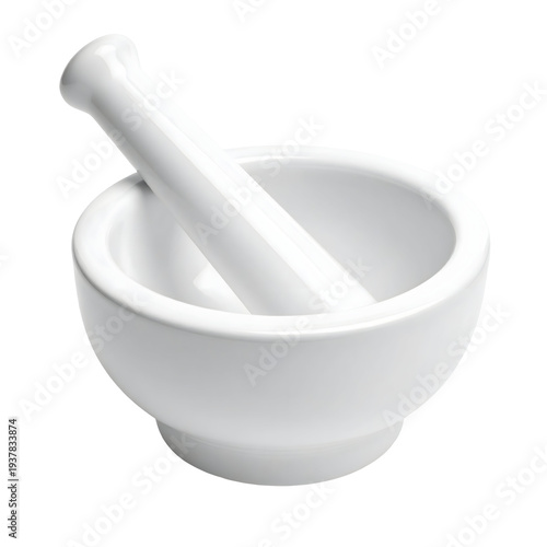 White ceramic mortar and pestle. Isolated transparent background