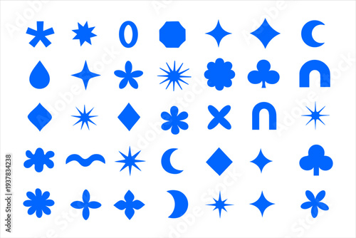 Collection of blue geometric shapes and abstract symbols on white background