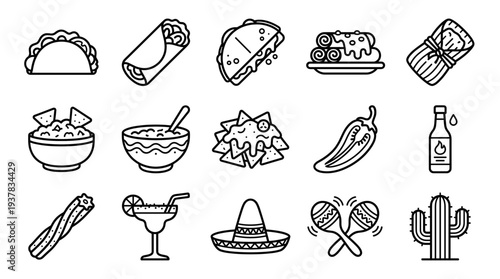 outline icons showcasing popular Mexican culinary delights, traditional cultural symbols, and festive elements, ideal for diverse graphic design projects and digital presentations