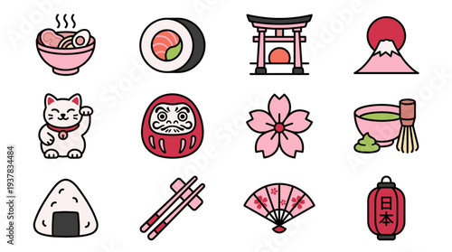 Collection of Japanese cultural icons, including food, symbols, and landmarks, presented in a clean, modern icon style