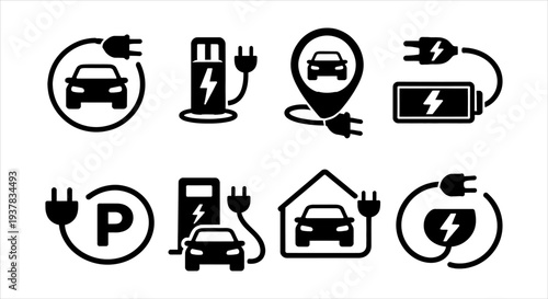 Electric Vehicle Charging Icons - Car, Plug, Battery, Station, Parking