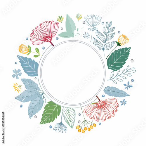 ハーブと幾何学模様の清潔感のある円形飾り枠