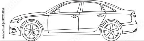 Modern Sedan Car Outline Vector Illustration in Side View, Clean Line Art Drawing of a Luxury Vehicle for Automotive Design and Transportation Concepts