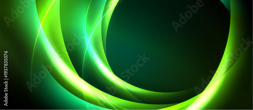 Abstract green energy waves. Dynamic curves create luminous backdrop. Smooth gradients suggest movement, depth. Modern design element.
