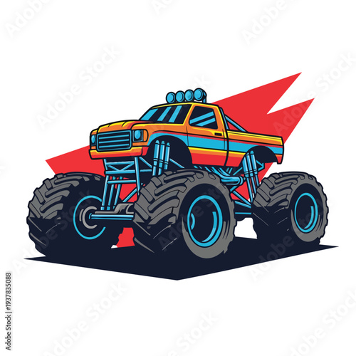 A colorful vector illustration of a monster truck with large tires and a bold design, set against a red lightning bolt background. Perfect for automotive designs, vector graphics, and