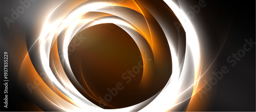 Abstract swirls, orange, white, brown hues create dynamic circular pattern. Light radiates from center, forming elegant design.