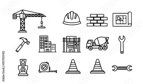 Construction industry line icons vector set editable stroke