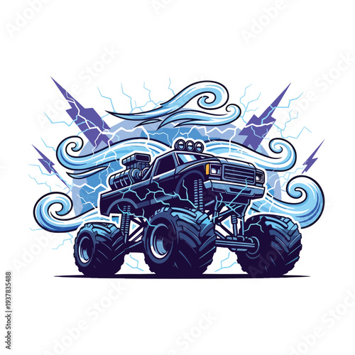 A vector illustration of a monster truck with large tires and lightning bolts in the background, depicted in shades of blue. Great for posters, t-shirt designs, and automotive graphics.