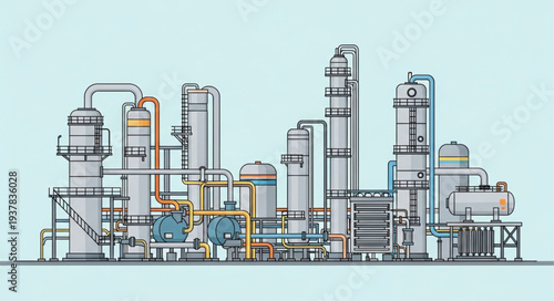 Industrial Chemical Plant with Towers and Pipes.