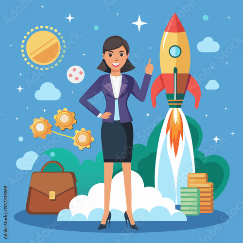 Businesswoman launching business startup vector