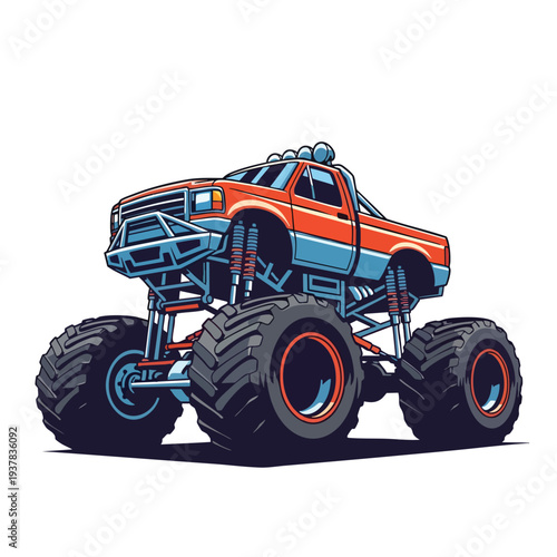 A vector illustration of a monster truck with large tires and an orange and blue body, presented on a white background. Perfect for automotive designs, posters, and graphic resources.