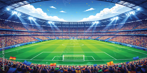 Modern Football Stadium with Green Soccer Field and Crowded Fans Under Bright Arena Lights – Professional Sports Match Illustration.