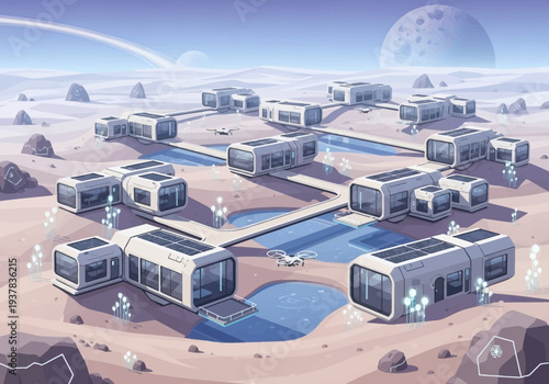 Futuristic Mars Colony with Modern Buildings and Water Features from an Aerial Viewpoint