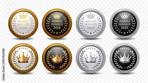 Gold Silver and Black Award Winner Badge Set with Crown and Laurel Wreath Medal Vector Illustration