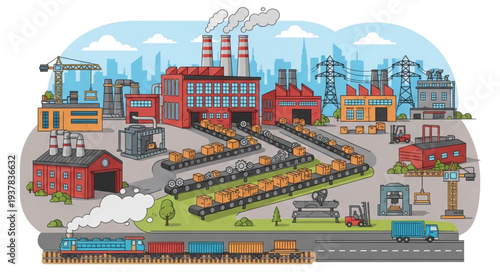 Industrial factory complex with multiple buildings and transportation systems.