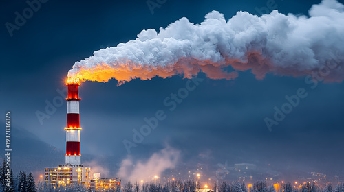 Industrial power plant chimney emitting thick white smoke into cold blue twilight sky, dramatic environmental pollution concept, glowing orange warning lights on red and white smokestack tower