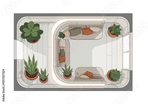 Overhead view of a modern apartment with plants, furniture, and decor, showcasing interior design and layout.
