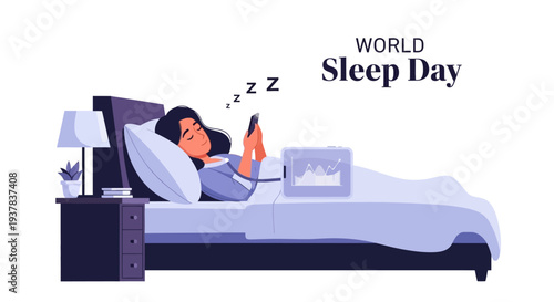 Illustration of a person sleeping peacefully in bed with a bottle of sleep aid on World Sleep Day, promoting healthy sleep habits and awareness against a clean background.