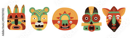African ethnic mask illustration set. Tribal head or face art decorative national design. Exotic masquerade ancient culture ornament. Flat doodle boho style, symbol cartoon. Print, decoration, Africa.
