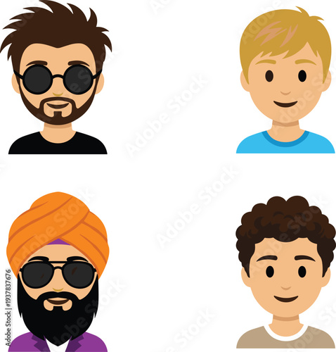 Male Avatar Characters Collection with Diverse Hairstyles, Beard, Sunglasses, and Turban for User Profile Icons, Social Media, Websites, and App Interface Design.