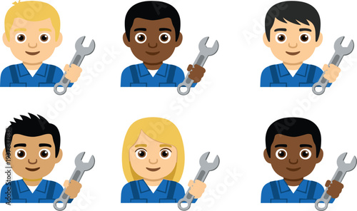 Mechanic Worker Avatar Characters Collection with Diverse Men and Woman Holding Wrench Tools for Repair Service, Maintenance, Technician Profile Icons, and Industrial Design.