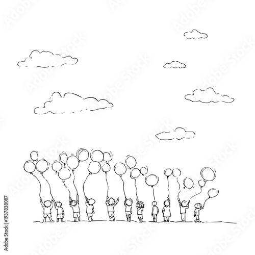 Children standing in line holding balloons looking up at fluffy white clouds in a simple line drawing
