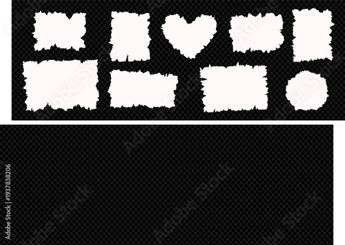 Torn sheets pieces of paper stripes torn edge set. Ripped collage set of shapes transparent background. Ripped heart, oval, rectangle clip art. Ripped paper note border grunge brush stroke