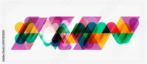 Abstract geometric shapes overlap, creating vibrant colorful pattern. Modern design with translucent layers, dynamic composition.