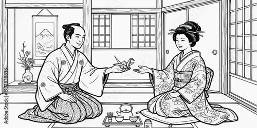 Coloring page for children - a samurai gives a paper crane to a smiling lady in a teahouse