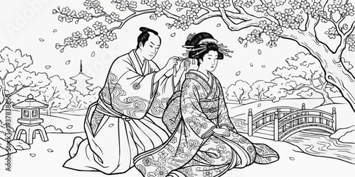 Coloring page for children - a samurai carefully ties a silk ribbon in his beloved's hair under a blooming cherry tree